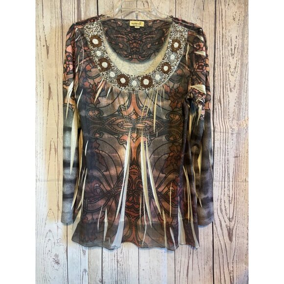 One World Black & Brown BOHO Top Shirt Beaded Design on Neck Size Large - Picture 2 of 8